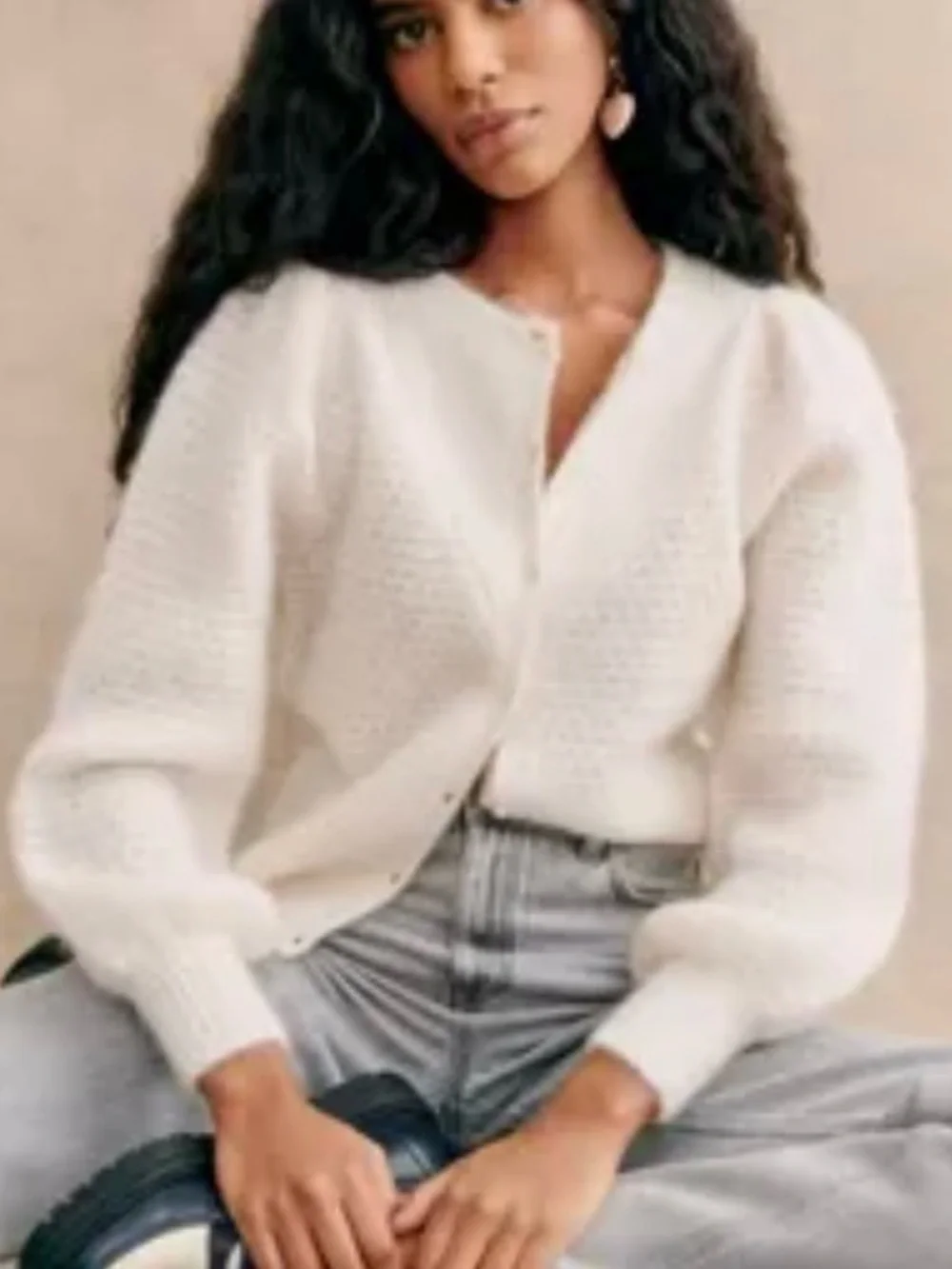 Sezane Solena Cardigan Sweater Kid Mohair Wool Ecru Large Fancy Knit Puff Sleeve - Picture 4 of 16